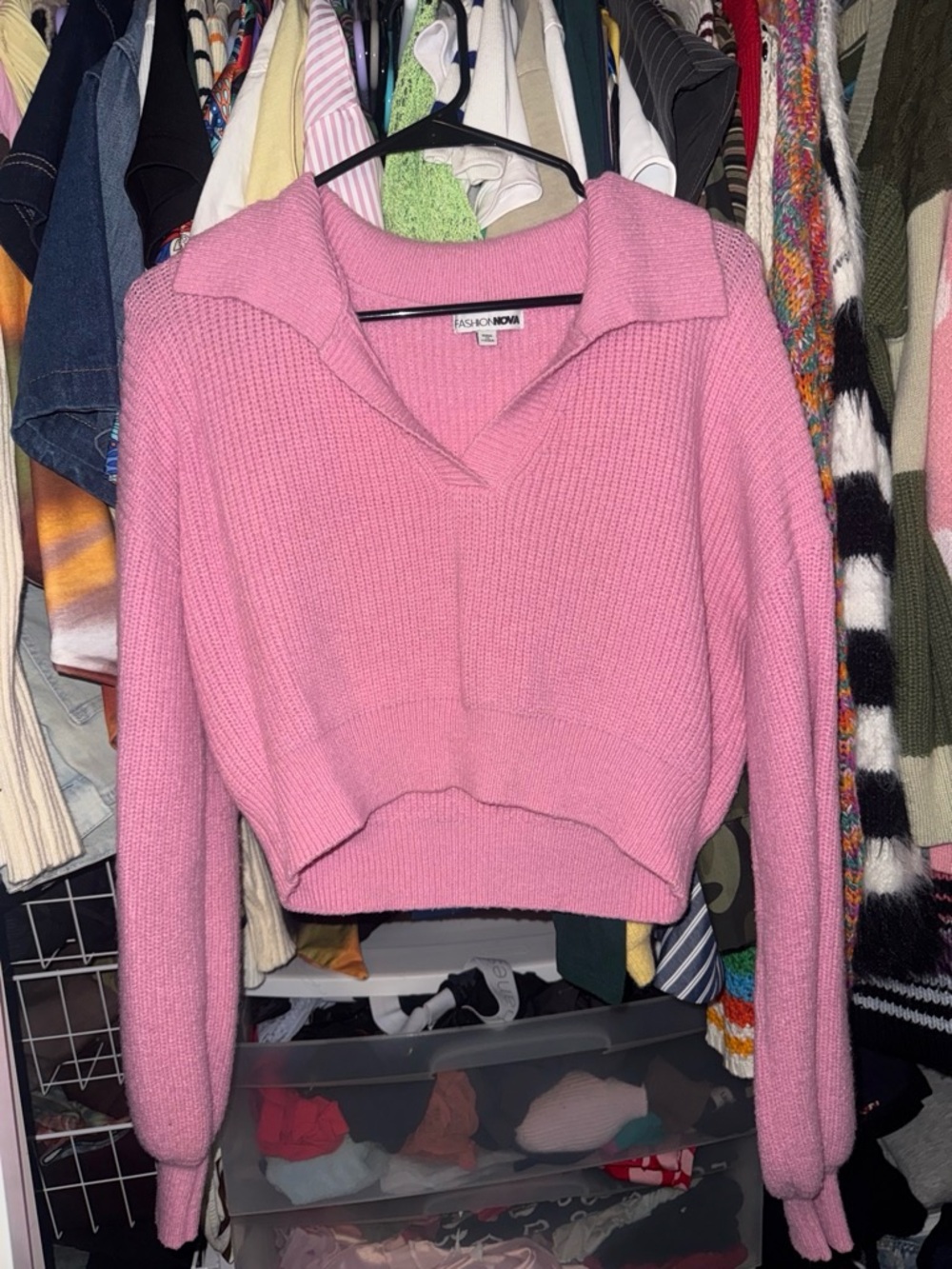 Fashion Nova Pink Ribbed Collared V-Neck Cropped Sweater